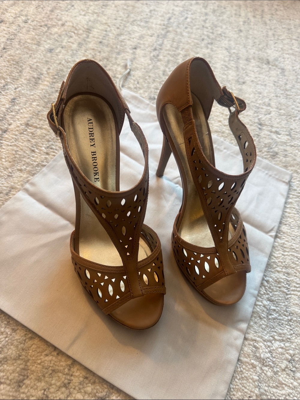 Audrey Brooke Tan Laser-Cut T-Strap High Heels